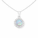 Sterling Silver Opal and CZ Halo Pendant Necklace