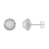 925 Sterling Silver Pearl Halo Earrings with Cubic Zirconia Details