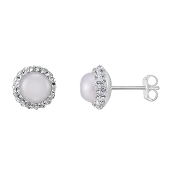 925 Sterling Silver Pearl Halo Earrings with Cubic Zirconia Details