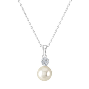 Sterling Silver Pearl and Cubic Zirconia Drop Pendant Necklace