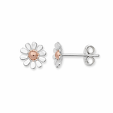 Sterling Silver Daisy-shaped earrings with rose gold center on a white background
