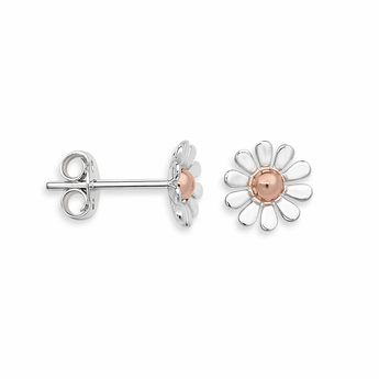 Sterling Silver Daisy-shaped earrings with rose gold center on a white background