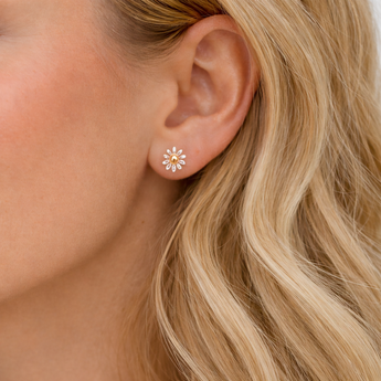 Urban Pizazz Model Wearing Sterling Silver Daisy-shaped earrings with rose gold center