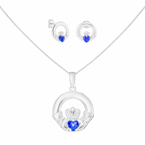Sterling Silver September Birthstone Claddagh Jewellery Set Featuring Silver Pendant Necklace and Matching Earrings