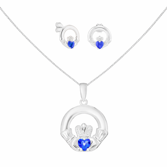 Sterling Silver September Birthstone Claddagh Jewellery Set Featuring Silver Pendant Necklace and Matching Earrings