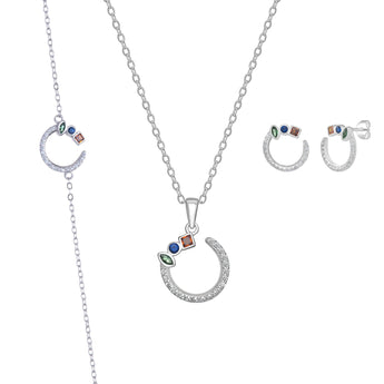 Sterling Silver Open Circle Jewellery Set featuring a Pendant Necklace, Bracelet and Matching Earrings all with rainbow coloured cubic zirconia details