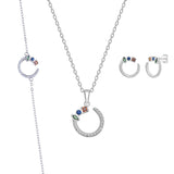 Sterling Silver Open Circle Jewellery Set featuring a Pendant Necklace, Bracelet and Matching Earrings all with rainbow coloured cubic zirconia details