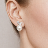 Urban Pizazz Model Wearing Sterling Silver and Cubic Zirconia Leaf and Pearl Studs