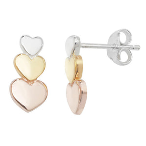 Three Tone Silver Heart Drop Earrings 