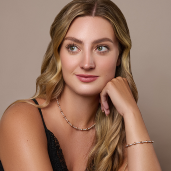 Urban Pizazz Model Wearing Two Tone Beaded Silver and Rose Gold Plated Necklace