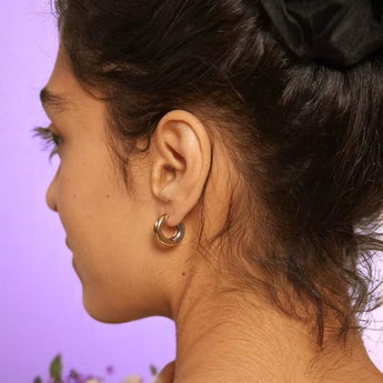 Amnesia Jewellery | Gold Plated and Stainless Steel Hinged Hoop Earrings. Elegant gold plated stainless steel two tone chunky hinged hoop earrings, crafted from 18ct gold plated stainless steel, tarnish free and waterproof. Shop now for quality Jewellery/Jewelry!