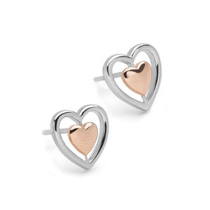 Two Tone Double Heart Silver Earrings
