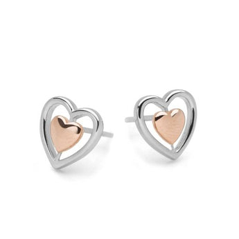 Two Tone Double Heart Silver Earrings