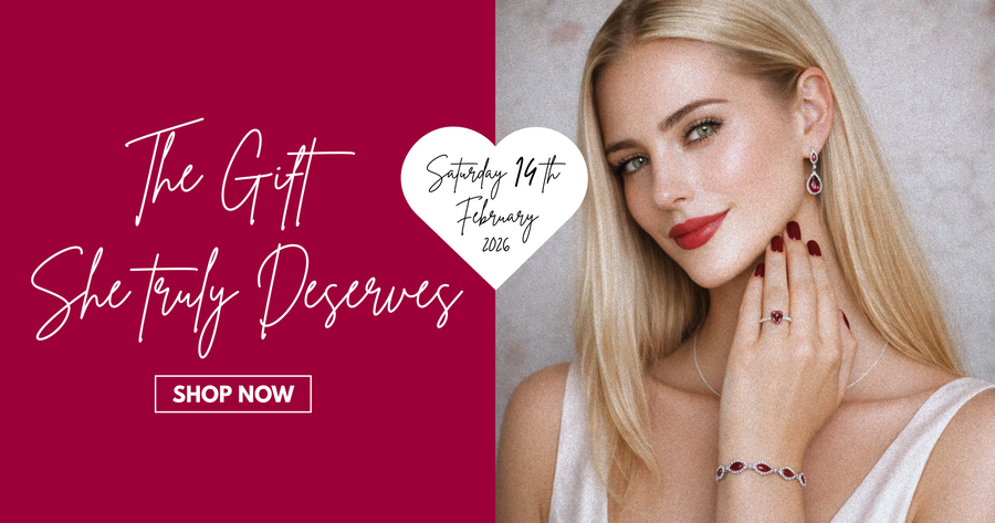 Urban Pizazz Homepage Banner for Valentines Day 14th February 2026 - Image features a Shop Now button and a woman wearing ruby coloured jewellery connotating love and romance for the celebration