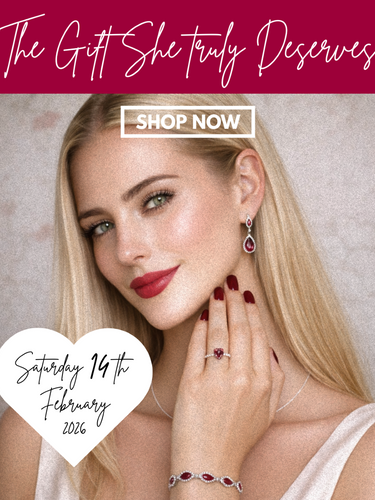 Urban Pizazz Homepage Banner for Valentines Day 14th February 2026 - Image features a Shop Now button and a woman wearing ruby coloured jewellery connotating love and romance for the celebration