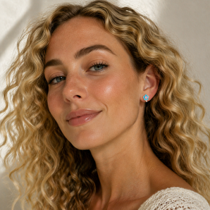 Urban Pizazz Model Wearing Blue Enamel CZ Flower Sterling Silver Earrings