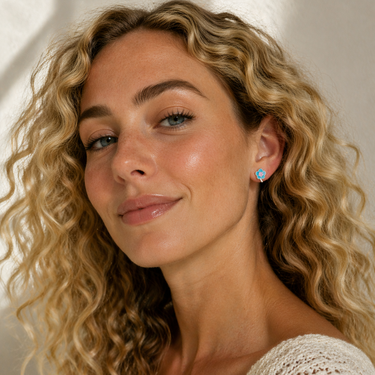 Urban Pizazz Model Wearing Blue Enamel CZ Flower Sterling Silver Earrings