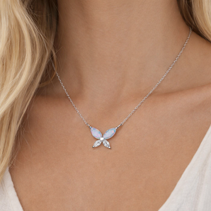 Urban Pizazz Model Wearing Sterling Silver Opal & Cubic Zirconia Butterfly Necklace
