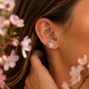 Urban Pizazz Model Wearing Sterling Silver Open Flower CZ Earrings