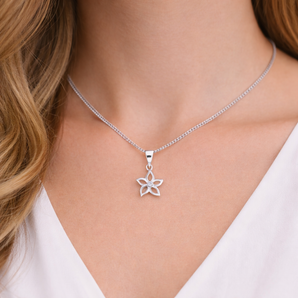 Urban Pizazz Model Wearing Sterling Silver Open Flower CZ Pendant Necklace