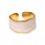 Amnesia Jewellery | Gold Plated Stainless Steel Layla Statement Ring. Our gold plated Layla Statement Ring with its unique bold design is perfect for wearing on its own or to stack up with other gold plated rings. Tarnish Free and Waterproof. Shop now for quality Jewellery/Jewelry!