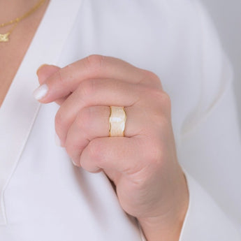 Amnesia Jewellery | Gold Plated Stainless Steel Layla Statement Ring. Our gold plated Layla Statement Ring with its unique bold design is perfect for wearing on its own or to stack up with other gold plated rings. Tarnish Free and Waterproof. Shop now for quality Jewellery/Jewelry!