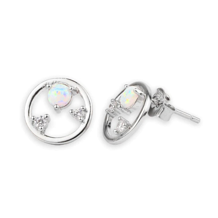 Silver round stud earrings with opal and cubic zirconia