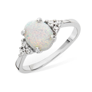 Oval Opal and Cubic Zirconia Silver Ring