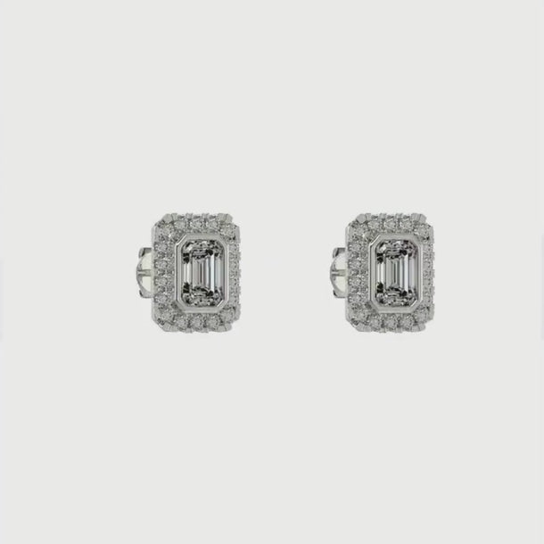 Silver Cubic Zirconia Rectangle Halo Stud Earrings