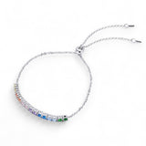 Rainbow Bolo Bracelet – 925 Silver & CZ Stones by Urban Pizazz. Shop the Rainbow Bolo Bracelet in 925 sterling silver with colourful CZ stones. Adjustable, dainty, and perfect for layering or gifting with pride.