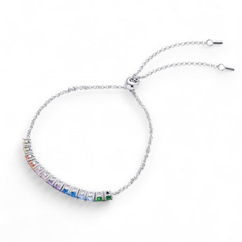 Rainbow Bolo Bracelet – 925 Silver & CZ Stones by Urban Pizazz. Shop the Rainbow Bolo Bracelet in 925 sterling silver with colourful CZ stones. Adjustable, dainty, and perfect for layering or gifting with pride.