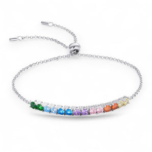 Rainbow Bolo Bracelet – 925 Silver & CZ Stones by Urban Pizazz. Shop the Rainbow Bolo Bracelet in 925 sterling silver with colourful CZ stones. Adjustable, dainty, and perfect for layering or gifting with pride.