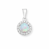 Sterling Silver Opal and CZ Halo Pendant Necklace